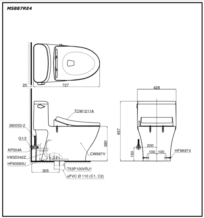 Bồn Cầu TOTO 1 Khối MS887RE4 Kèm Nắp Rửa Cơ TCW1211A - Ảnh 2